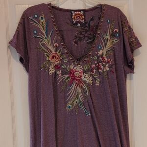 Johnny Was Purple Embroidered Short Sleeve Dress